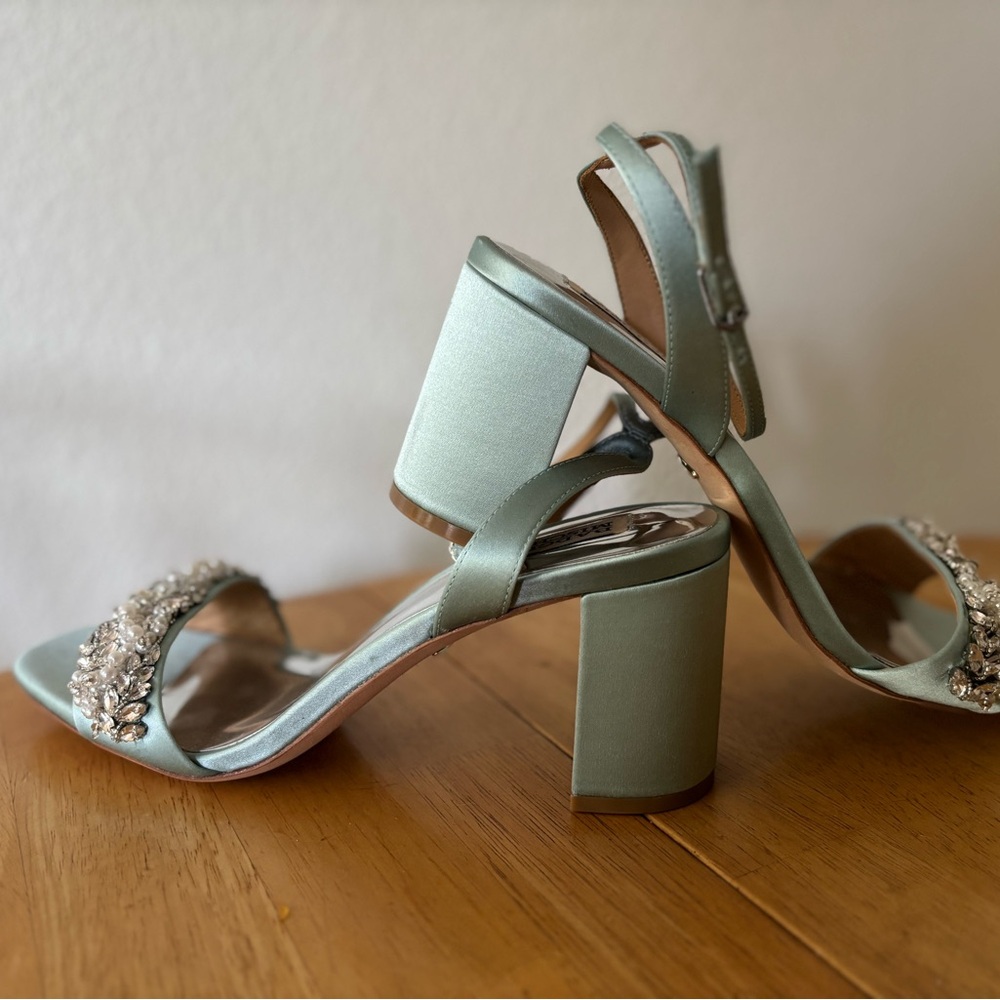 Blue Satin Block Heel Sandals